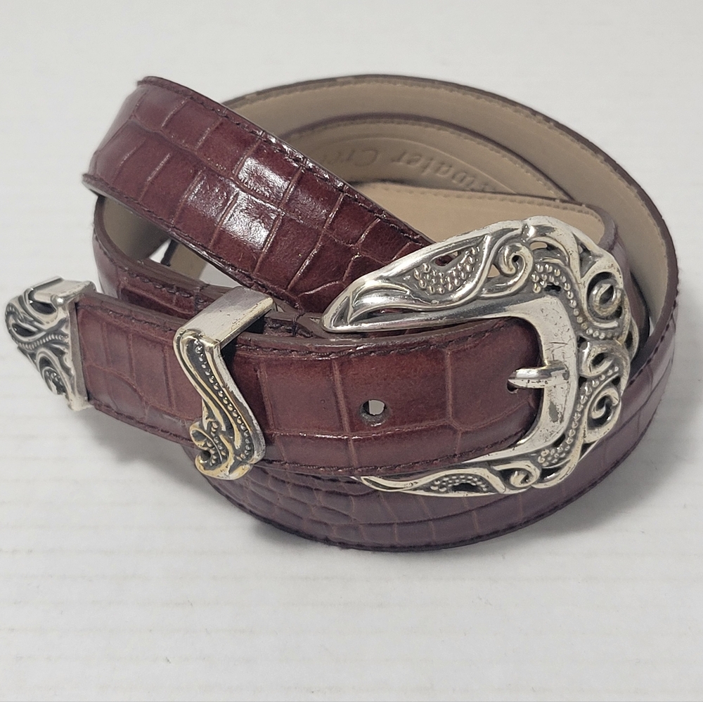 VINTAGE COLDWATER CREEK Leather Croc Embossed Belt With Scrollwork Buckle Detail